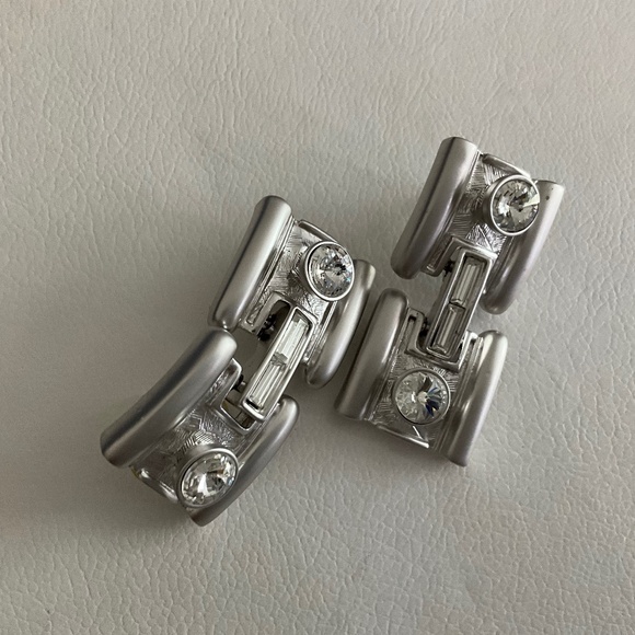 Square Hinged Post Silver Tone Earrings With Clear Rhinestones - Picture 1 of 2